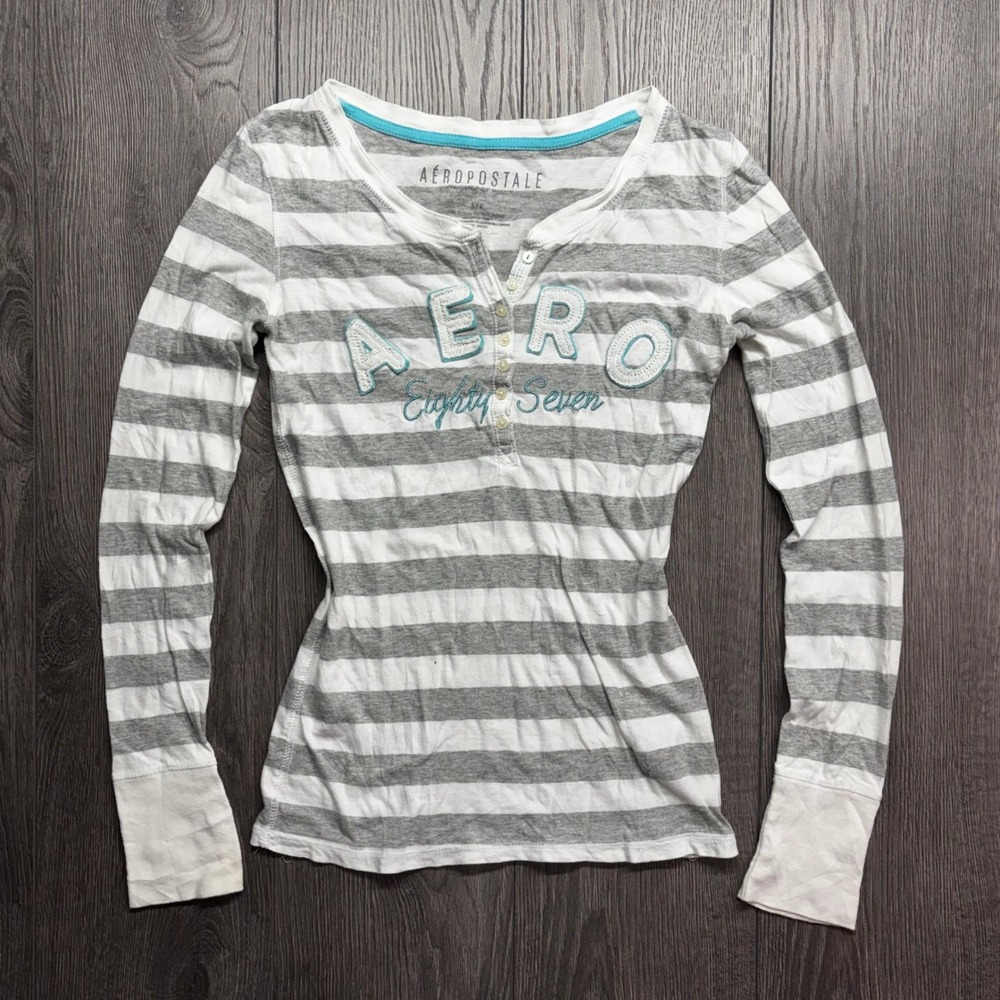 Aeropostale Womens Y2K Small Grey White Striped Henley Long Sleeve Shirt Aero 87